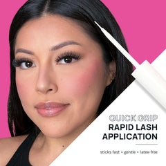 Woman with false eyelashes and a product labeled 'Quick Grip Rapid Lash Application' on a pink background