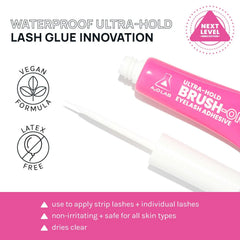 Pink tube of lash glue with branding and product features on a white background