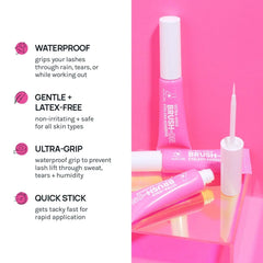 Pink eyelash adhesive with features listed on a pink background