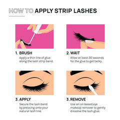 Step-by-step guide on how to apply strip lashes with illustrations and text.
